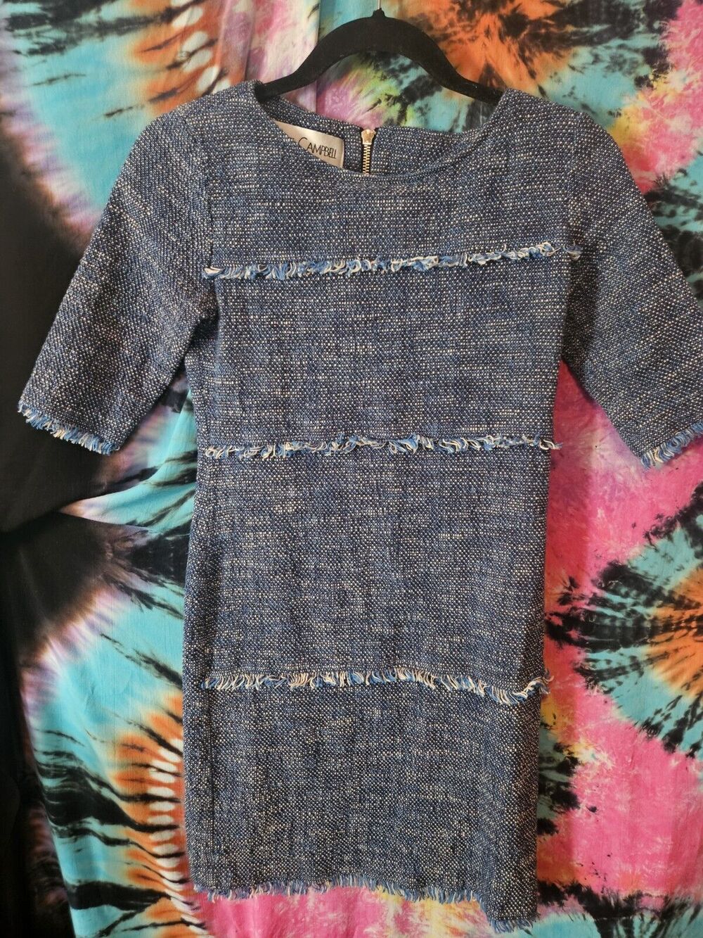 Rare Vintage Sara Campbell Women's Blue & White Boro Style Textured Dress XS